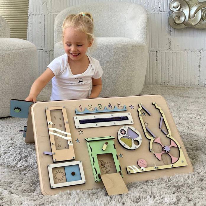 Double-sided wooden busy board