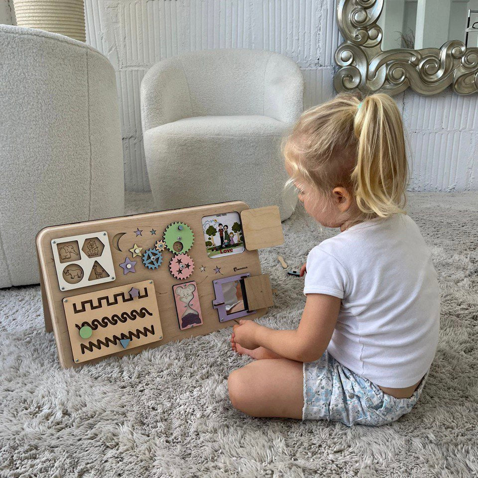 Double-sided wooden busy board